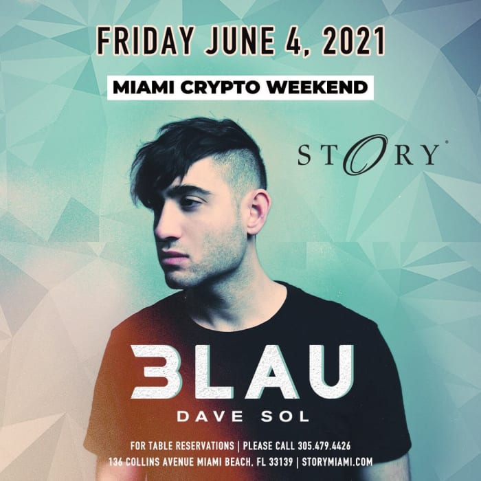 Flyer pour la prochaine performance de 3LAU à la discothèque STORY de Miami lors de la plus grande conférence mondiale sur les crypto-monnaies.