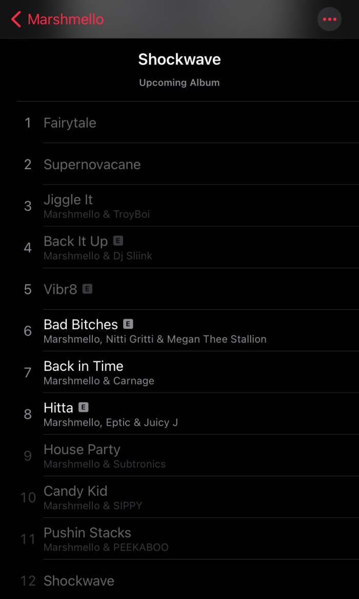 Capture d'écran de la tracklist de Marshmello's "Onde de choc" album. [Screenshot by EDM.com]
