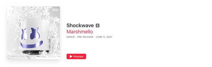 Capture d'écran de Marshmello "Onde de choc" page de pré-version sur Apple Music. [Screenshot by EDM.com]