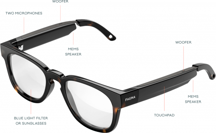 Les lunettes audio Fauna ont deux microphones, un pavé tactile et un woofer intégré.