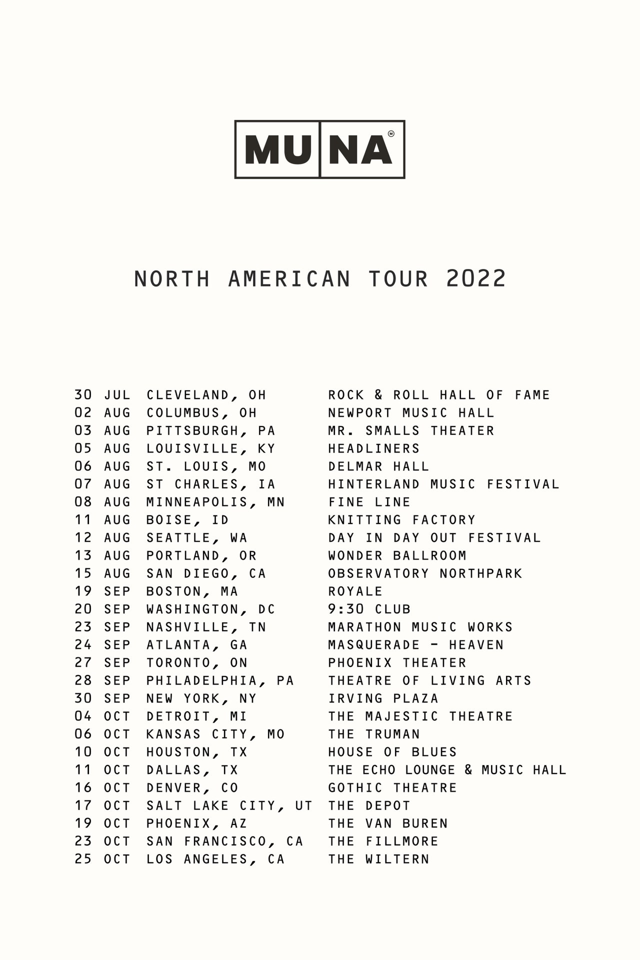Muna : tournée nord-américaine 2022