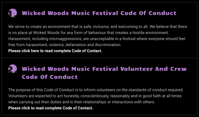 Code de conduite du festival de musique Wicked Woods.