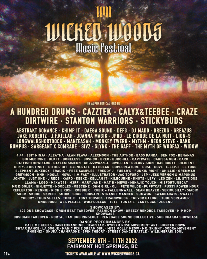 Flyer pour le Wicked Woods Music Festival du 8 au 11 septembre 2022. 