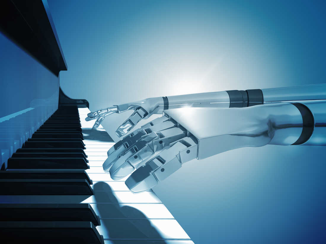 Une image générée numériquement des mains d'un robot jouant du piano.