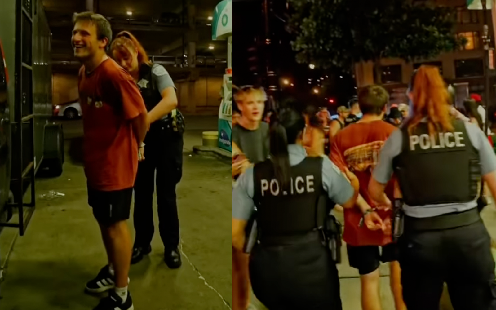 Photo of Silly Goose's frontman Jackson Foster getting arrested for criminal trespassing after an impromptu BP gas station show in Chicago.