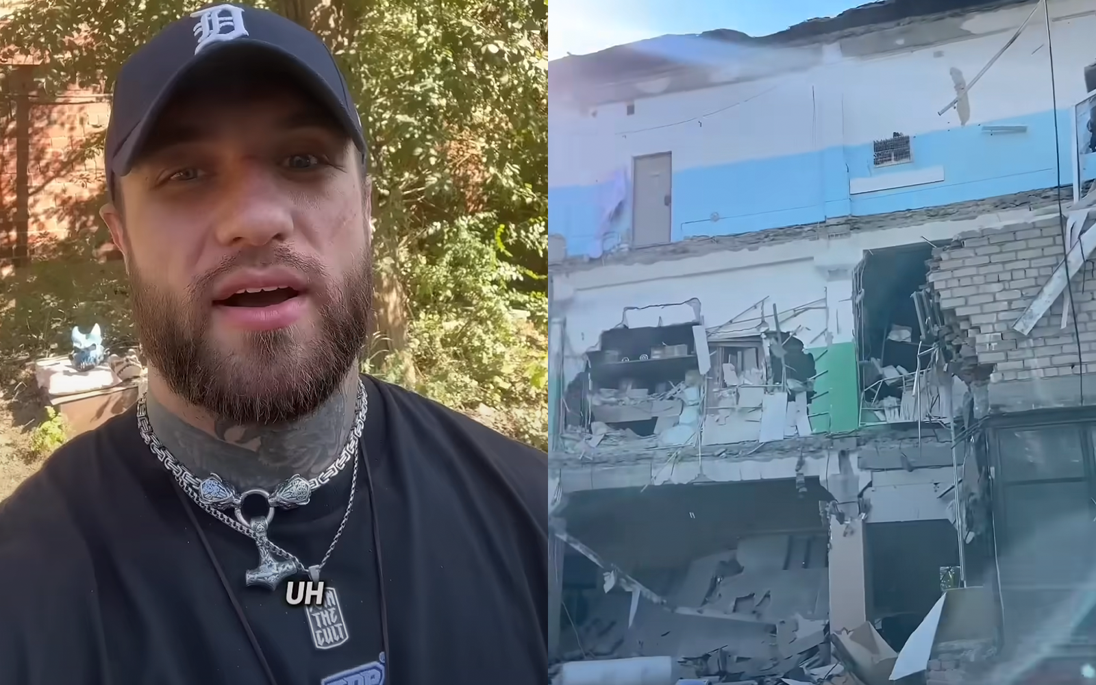 Photo of Slaughter To Prevail frontman Alex Terrible standing outside his collapsed Kid Of Darkness mask factory in Russia.