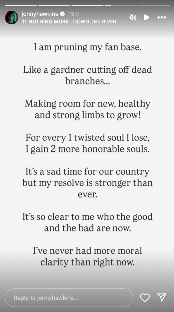 Nothing de plus Jonny Hawkins dit que c'est "Il est temps de ramener les exécutions publiques" Dans une déclaration sur la mort de Charlie Kirk; Dit à un fan de "Obtenir f * cked" Dans les commentaires