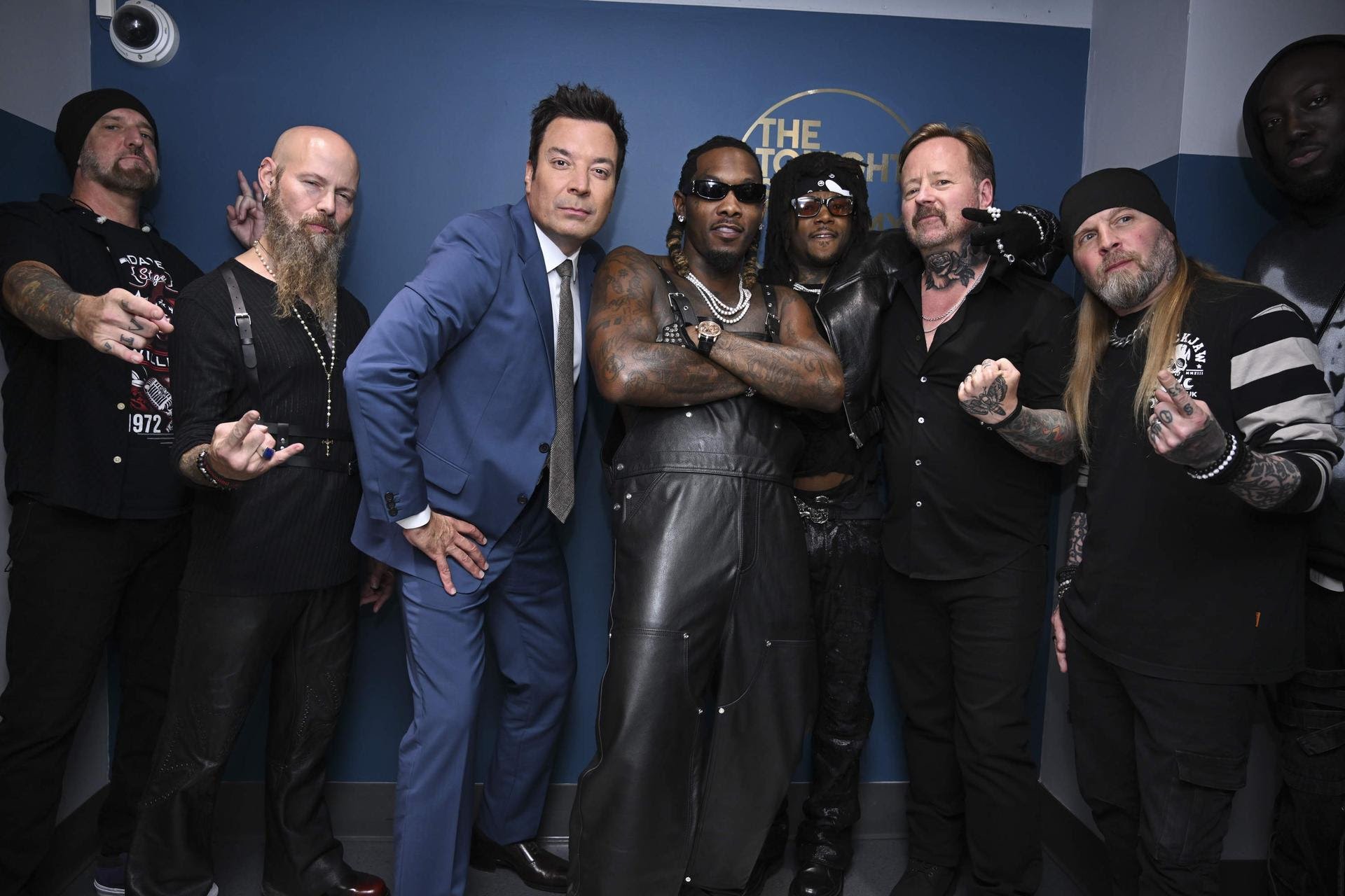 A photo of Drowning Pool with Offset and Jimmy Fallon.