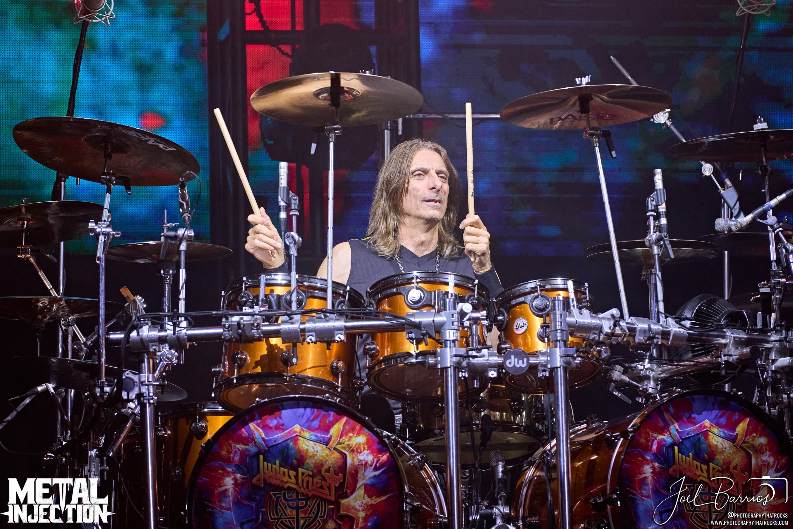A photo of Scott Travis playing with Judas Priest.