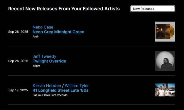 Nouveautés des artistes que vous suivez