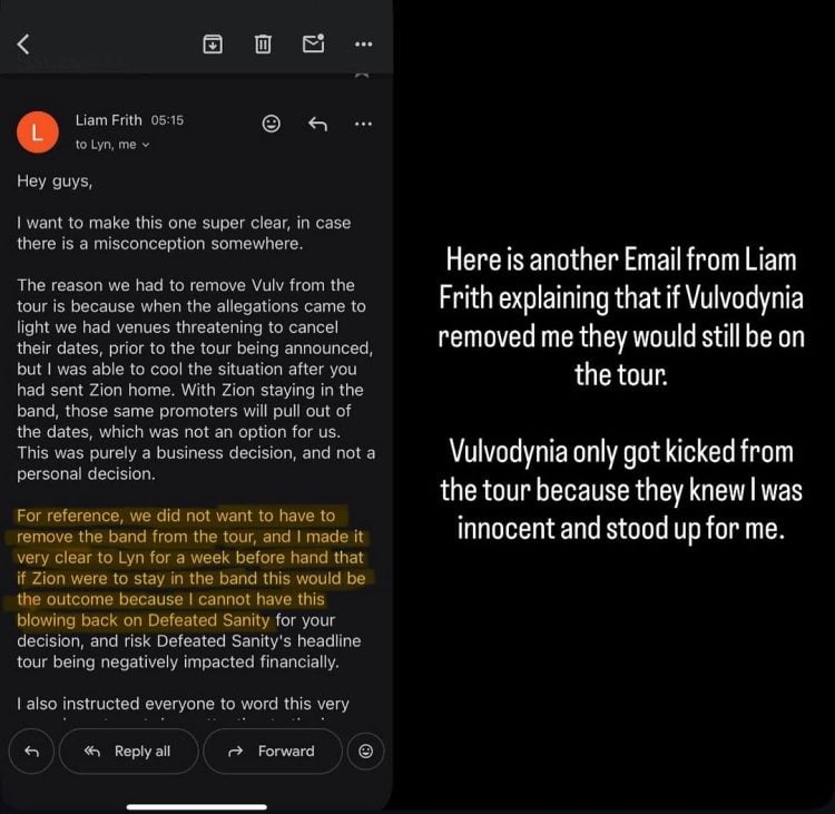 ZION BITTENBENDER affirme que VULVODYNIA pense que les allégations d'agression portées contre lui étaient fausses et qu'il a quand même été licencié