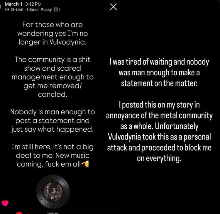 ZION BITTENBENDER affirme que VULVODYNIA pense que les allégations d'agression portées contre lui étaient fausses et qu'il a quand même été licencié