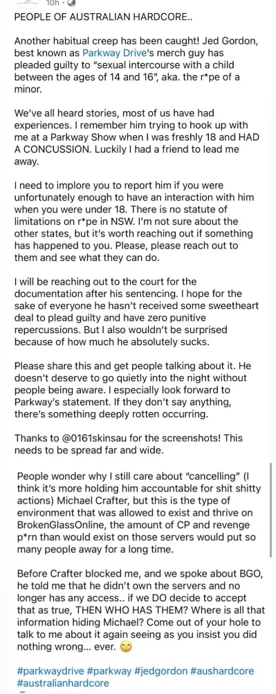 Un ancien membre de l'équipage de PARKWAY DRIVE arrêté pour relations sexuelles avec une mineure ; Déclaration sur les enjeux de la bande