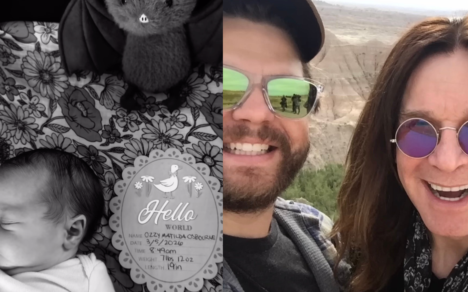 Jack Osbourne’s newborn baby Ozzy Matilda Osbourne alongside a photo of Jack Osbourne with his father Ozzy Osbourne.