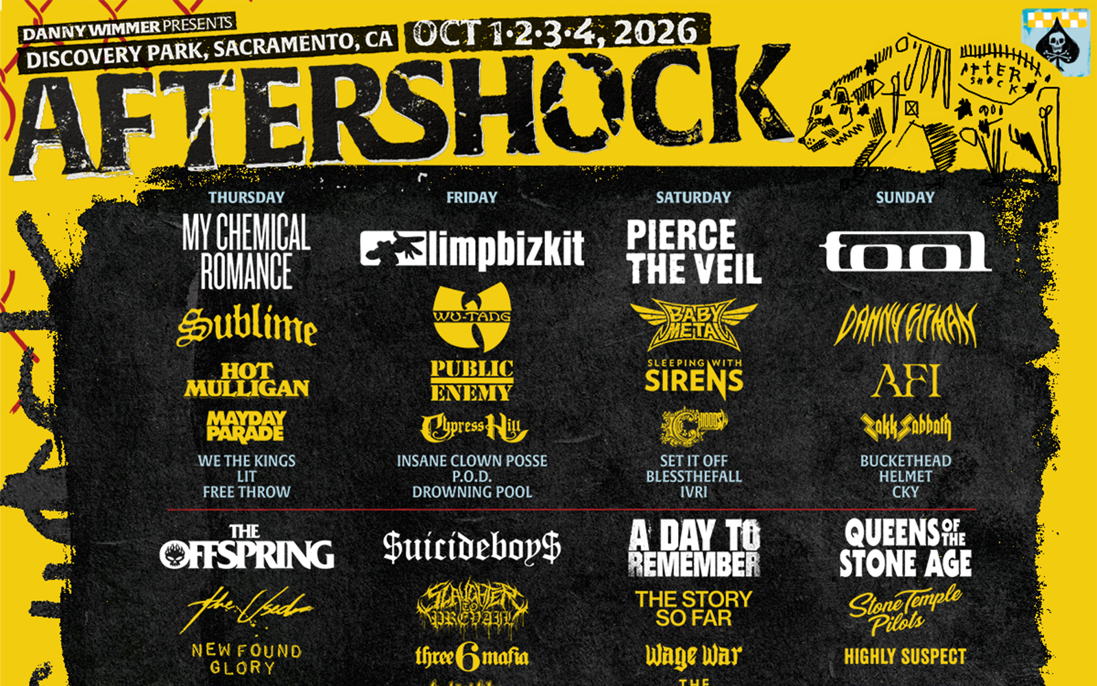 Aftershock 2026 lineup announcement graphic featuring My Chemical Romance, The Offspring, Sublime, Limp Bizkit, $UICIDEBOY$, Wu-Tang Clan, Pierce The Veil, A Day To Remember, BABYMETAL, TOOL, Queens of the Stone Age, and Danny Elfman, with event dates Oct 1–4 in Sacramento.