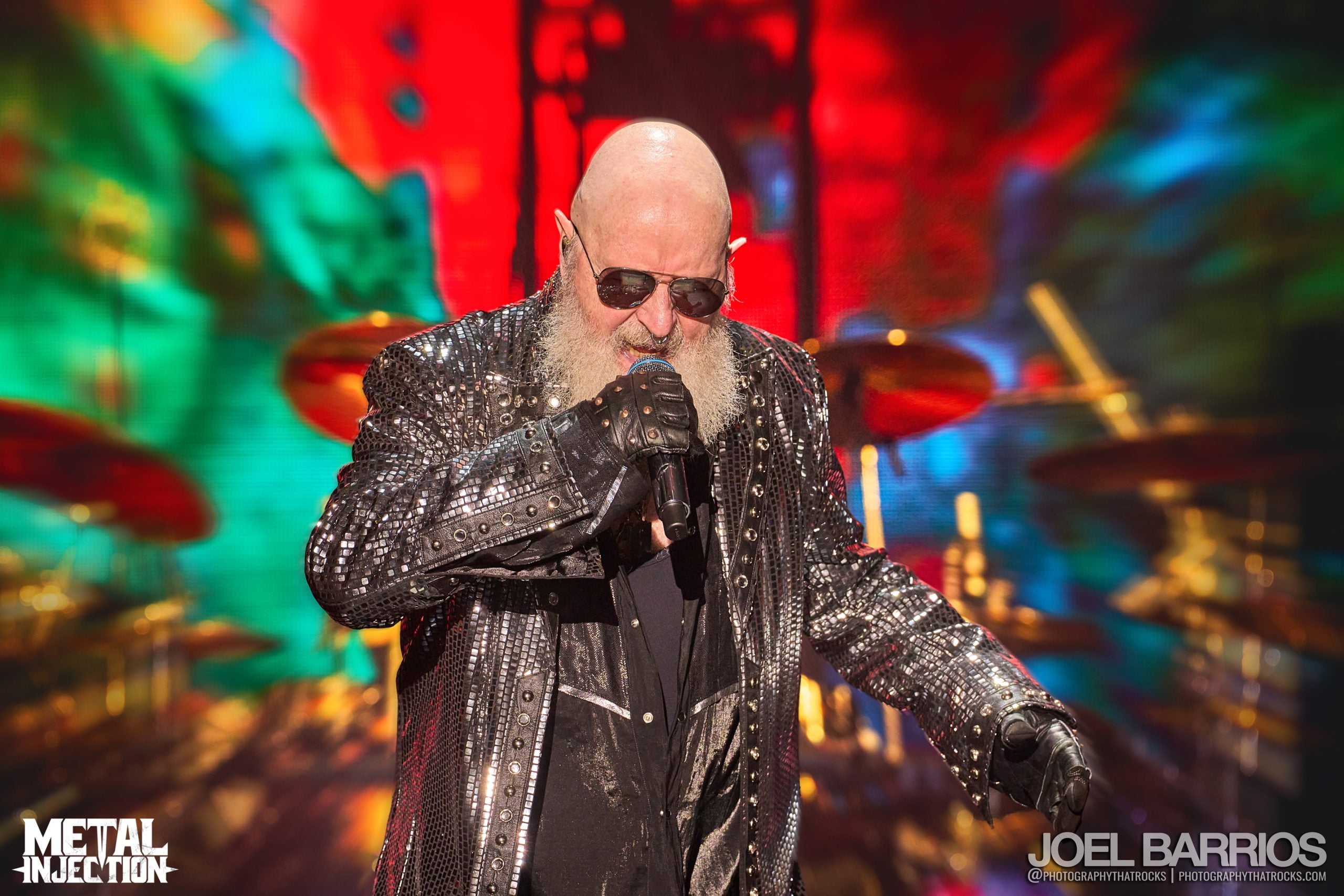 A photo of Rob Halford performing with Judas Priest.