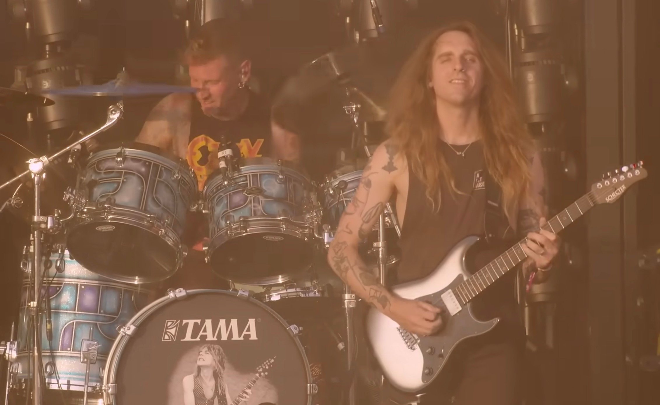 Brann Dailor and Nick Johnston performing live on stage with Mastodon at Bloodstock 2025.
