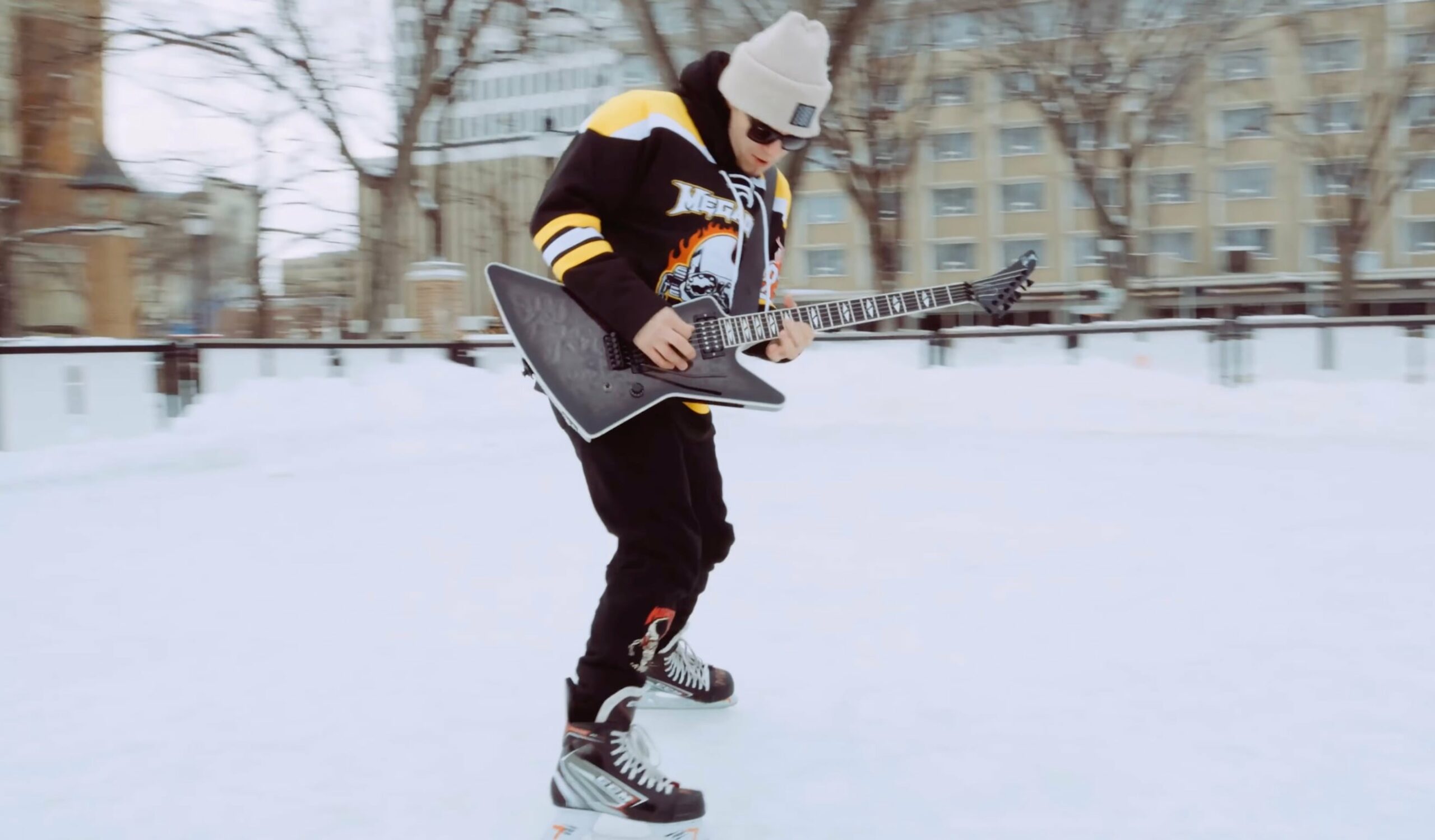 Megadeth guitarist Teemu Mäntysaari performing a shredding guitar solo on ice for ‘Let There Be Shred’